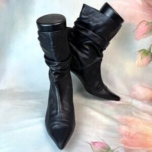 Stuart Weitzman Black Leather Lamb Skin Mid Calf Slouch Pointed Toe Heeled Boots